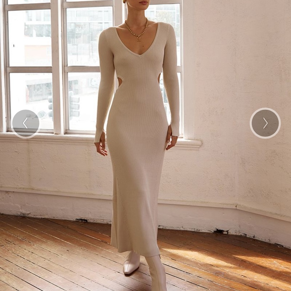 DISSH SUTHERLAND LONG SLEEVE CUT OUT MIDI - STONE